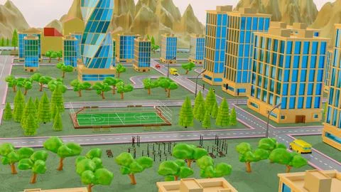 Background stylized three-dimensional city with train cars. 3d render illus.. Stock Illustration