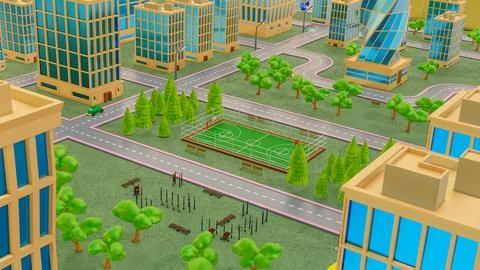 Background stylized three-dimensional city with train cars. 3d render illus.. Stock Illustration