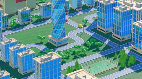 Background stylized three-dimensional city with train cars. 3d render illus.. Stock Illustration