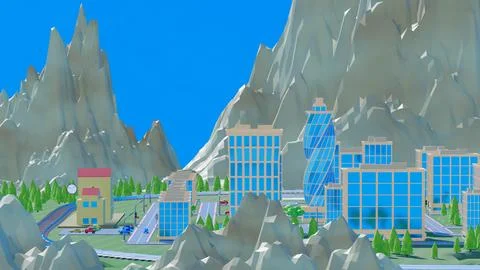 Background stylized three-dimensional city with train cars. 3d render illus.. Stock Illustration