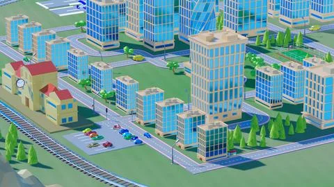 Background stylized three-dimensional city with train cars. 3d render illus.. Stock Illustration