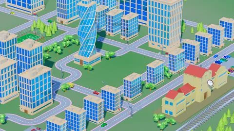 Background stylized three-dimensional city with train cars. 3d render illus.. Stock Illustration