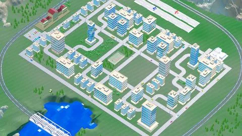 Background stylized three-dimensional city with train cars. 3d render illus.. Stock Illustration