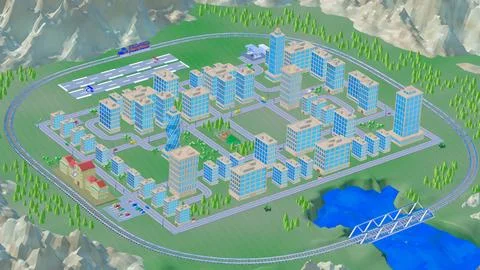 Background stylized three-dimensional city with train cars. 3d render illus.. Stock Illustration