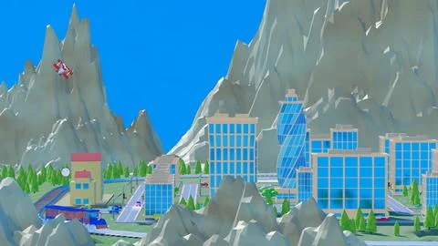 Background stylized three-dimensional city with train cars. 3d render illus.. Stock Illustration