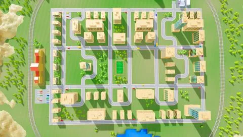 Background stylized three-dimensional city with train cars. 3d render illus.. Stock Illustration