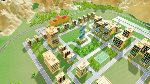 Background stylized three-dimensional city with train cars. 3d render illus.. Stock Illustration