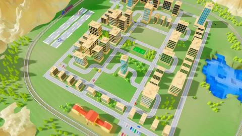 Background stylized three-dimensional city with train cars. 3d render illus.. Stockillustratie