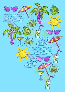 Background with summer items. Stylized beach objects. Stock Illustration