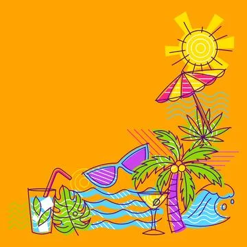 Background with summer items. Stylized beach objects. Stock Illustration