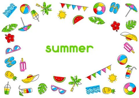 Background with summer items. Stylized beach objects. Stock Illustration