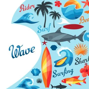 Background with surfing design elements and objects Stock Illustration