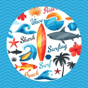Background with surfing design elements and objects Stock Illustration