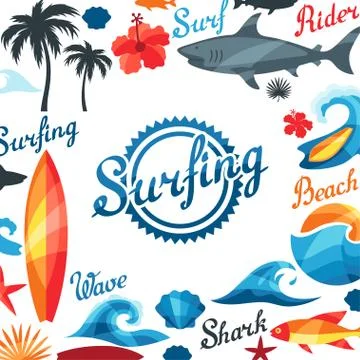 Background with surfing design elements and objects Stock Illustration