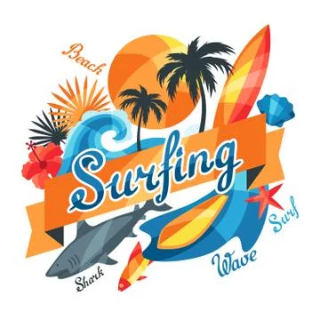 Background with surfing design elements and objects Stock Illustration