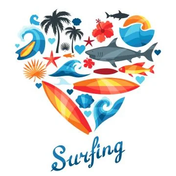 Background with surfing design elements and objects Stock Illustration