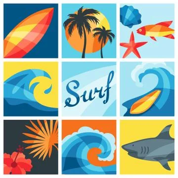 Background with surfing design elements and objects Stock Illustration