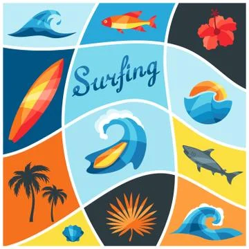 Background with surfing design elements and objects Stock Illustration