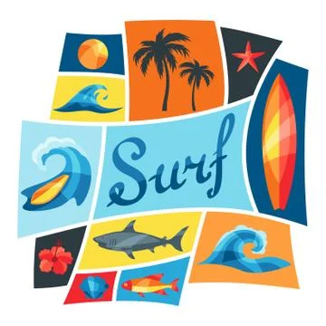Background with surfing design elements and objects Stock Illustration