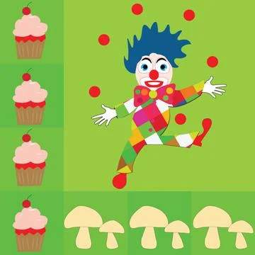 Background for table napkins with clown playing with red balls muffin and m.. Stock Illustration