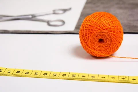 Background for tailor orange thread and sewing tools 스톡 사진