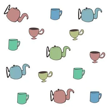 Background of teapots with tea mugs Stock Illustration