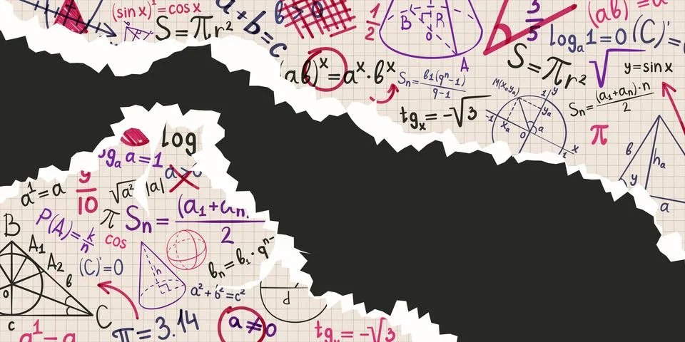Background with teared sheets and math formulas. Ilustración de archivo
