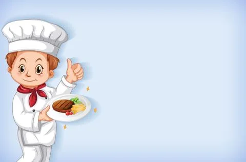 Background template design with happy chef with steak in his hand Stock Illustration