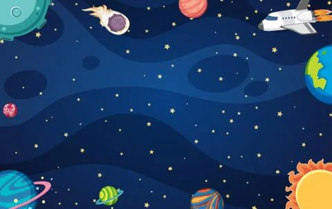 Background template design with spaceship and many planets in space Stock Illustration