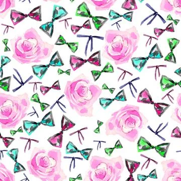 Background with tender pink roses and bows of different colors Stock Illustration