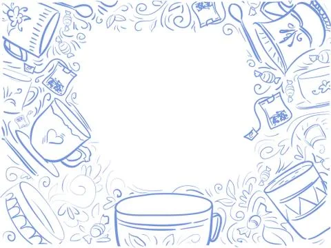 Background with text blue Time for tea - menu design. Doodle frame with cups Stock Illustration