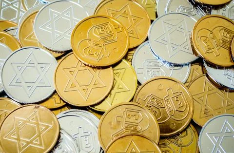 Background texture close up of Hanukkah coins Stock Photos