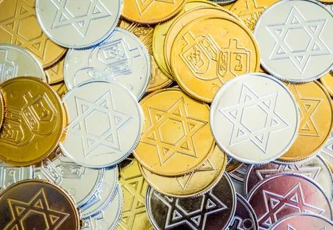 Background texture close up of Hanukkah coins Stock Photos