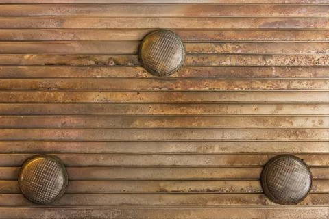 Background texture of corrugated rusty metal ceiling equipped with three b... Stock Photos