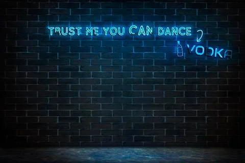 Background texture of empty red brick wall with blue neon light sign, 80s Stock Illustration