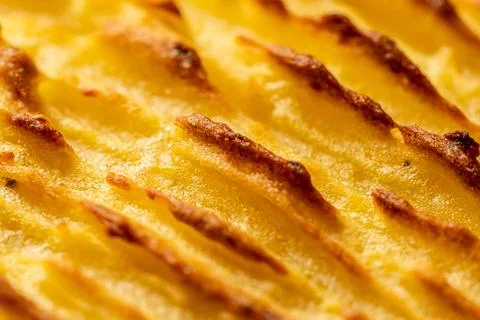 A background with the texture of mashed potatoes baked until golden brown in the Stock Photos