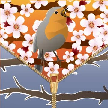 Background on a theme of seasons change. Spring and winter. Bird on a floweri Stock-Illustration