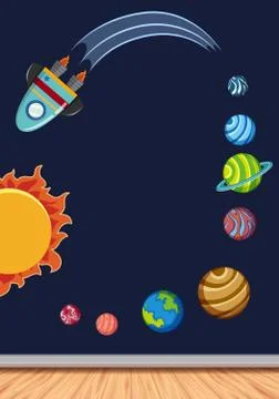Background theme of space with rocket and solar system Illustrazione stock