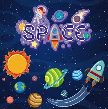 Background theme of space with spaceship and solar system Illustrazione stock