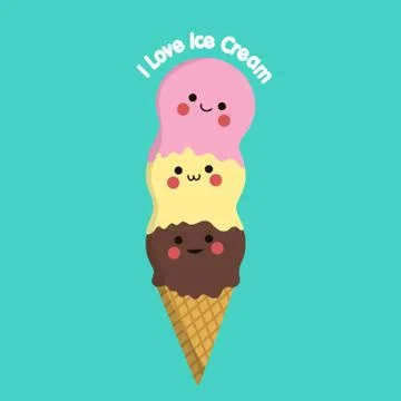 Background with three beautiful balls of ice cream cone waffle cute character Stock Illustration