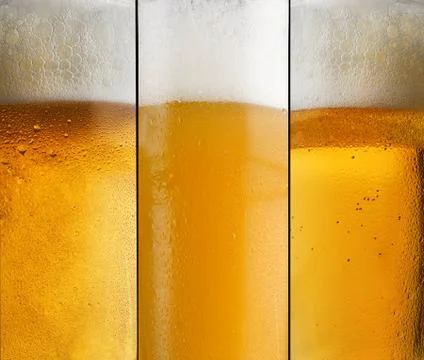 Background three different types of beer with foam in a glass with water drop Stock Photos