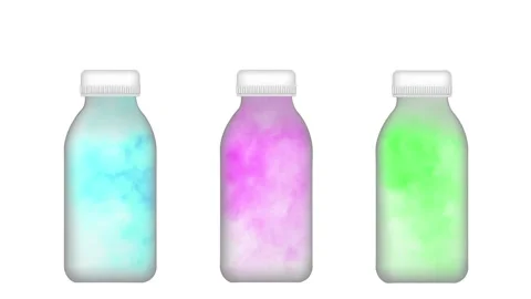 Background with three transparent bottle with animated blue, pink and green smok Stock Footage 310790874