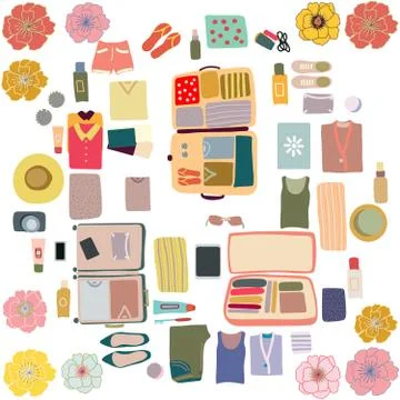 Background with top view packed suitcase and flat lay clothes Stock Illustration