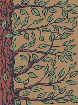 Background with a tree. The trunk, branches and leaves close-up. Vector Stock Illustration