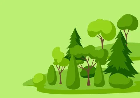 Background with trees, spruces and bushes. Summer or spring landscape. Stock Illustration