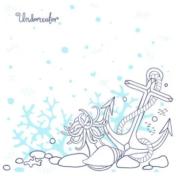 Background underwater seabed with rocks, corals, shells, anchor Stock Illustration