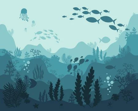 Background underwater world, sea ocean, fish animals, algae and coral reefs, Stock Illustration