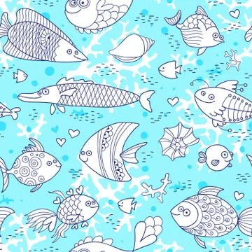 Background underwater world. Seamless pattern with cute fish, shells, corals Illustrazione stock