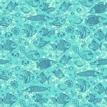 Background of underwater world. Seamless pattern with cute fish, shells, corals Stock Illustration