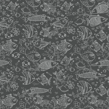 Background of underwater world. Seamless pattern with cute fish, shells, corals Stock Illustration